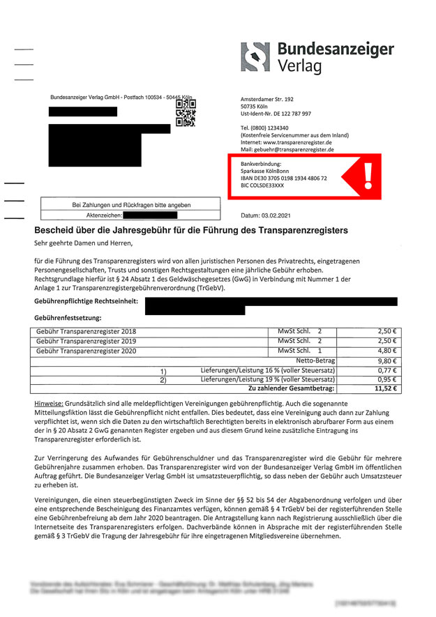 Bescheid zur Führung im Transparenzregister